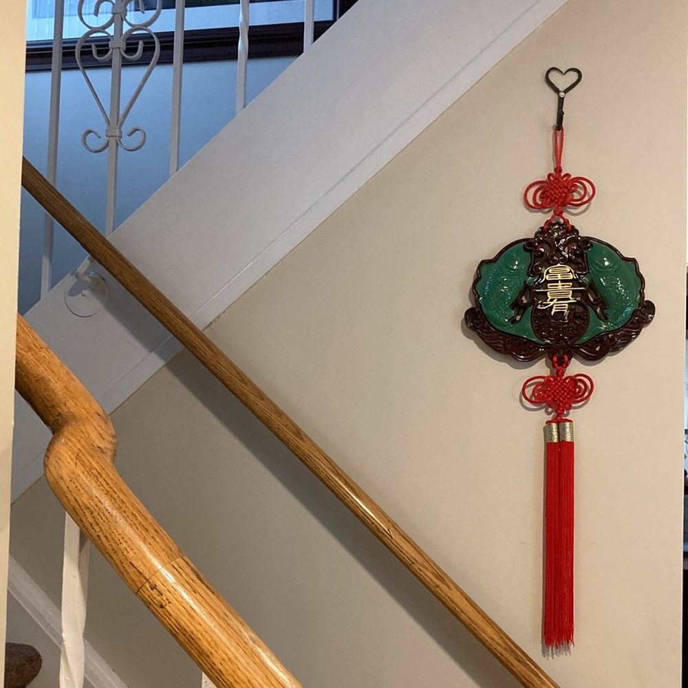 Vintage Feng Shui Green Koi Fish Red Lucky Knots Wall Hanging & Red Tassels